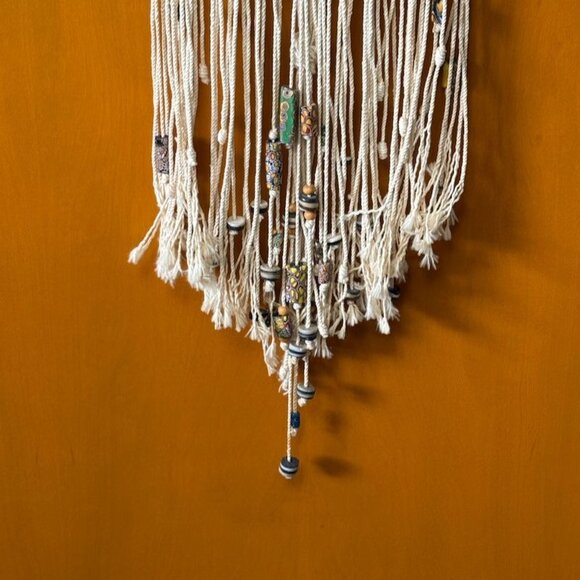Vintage Macramé Wall Hanging Boho Venetian Antique Chevron Cane Millefiori Beads - Picture 5 of 10